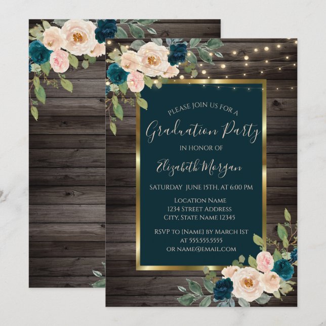 Rose Blume Lights, Dunkle Holzschwerkraft Party Einladung (Vorne/Hinten)