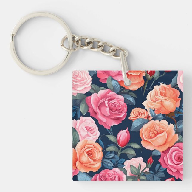 Rose Blume Muster blühen Schlüsselanhänger (Vorderseite)