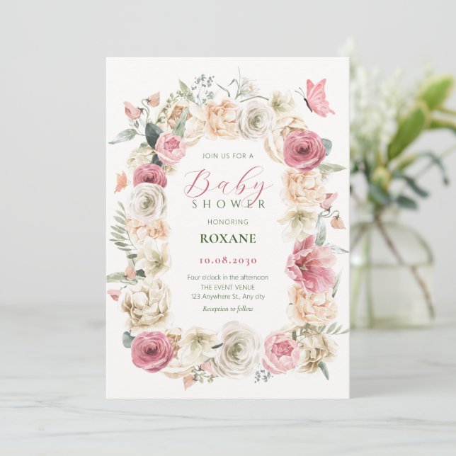 Rose Blume Pasta Aquarell Babydusche Einladung (Stehend Vorderseite)