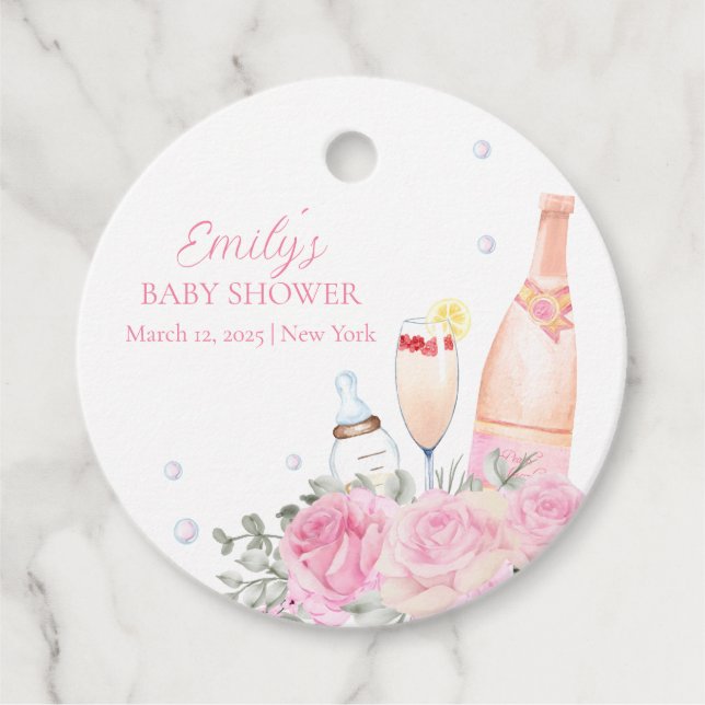 Rose Blume Poppin Champagner Flaschen Kinderdusche Geschenkanhänger (Vorderseite)