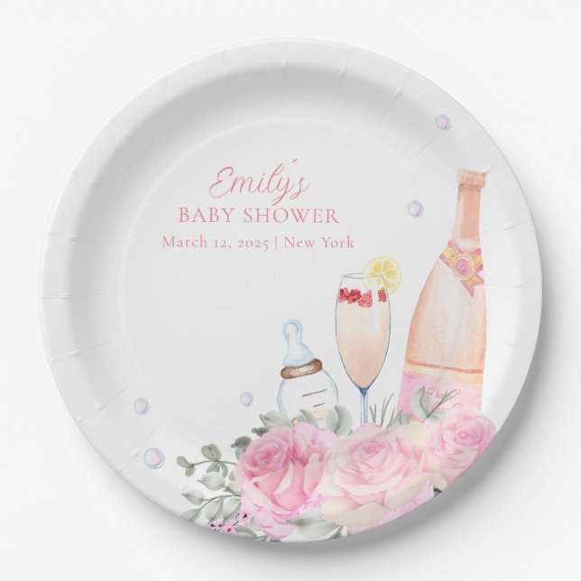 Rose Blume Poppin Champagner Flaschen Kinderdusche Pappteller (Vorderseite)