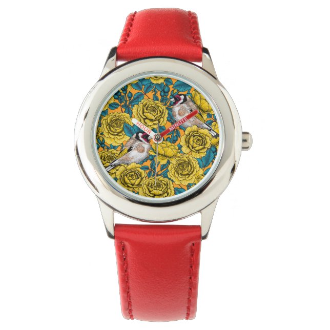 Rose Blume und Goldflossenvögel Armbanduhr (Vorderseite)
