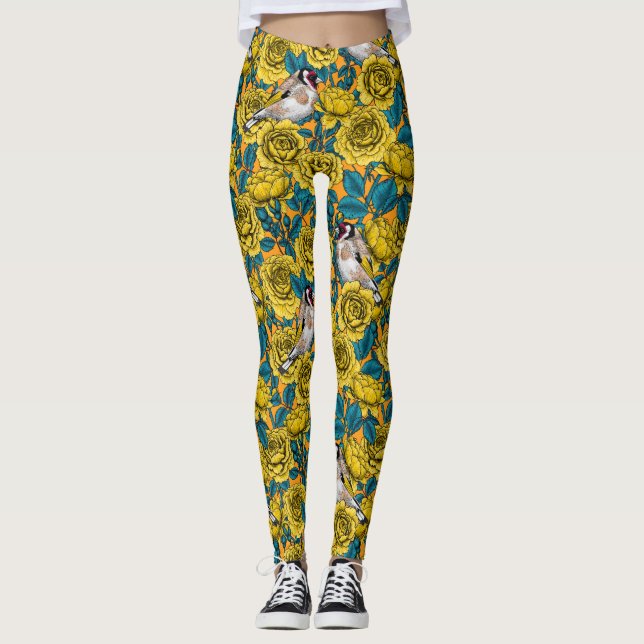 Rose Blume und Goldflossenvögel Leggings (Vorderseite)