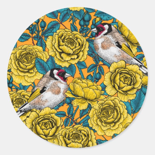 Rose Blume und Goldflossenvögel Runder Aufkleber (Vorderseite)