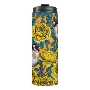 Rose Blume und Goldflossenvögel Thermosbecher