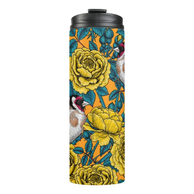 Rose Blume und Goldflossenvögel Thermosbecher (Vorderseite)