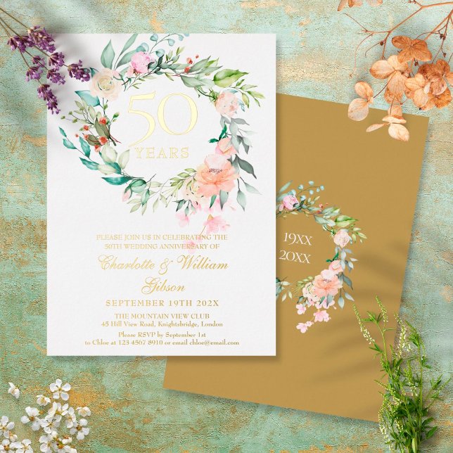 Rose Blumengarland 50. Hochzeitstag Gold Folieneinladung (Von Creator hochgeladen)
