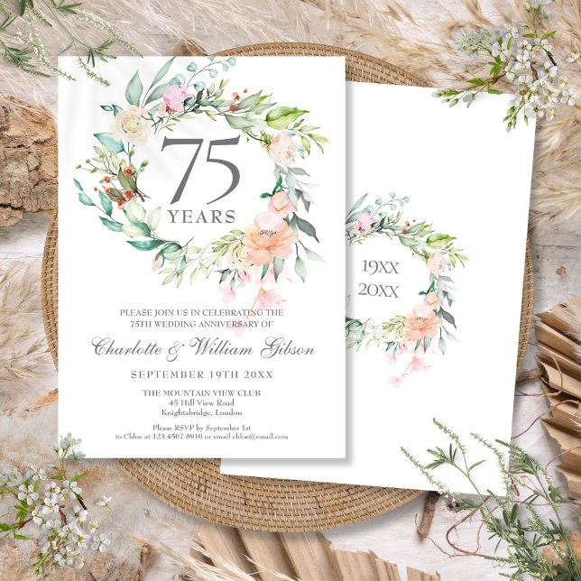 Rose Blumengarland 75. Hochzeitstag Einladung (Roses Floral Garland 75th Wedding Anniversary Invitation)