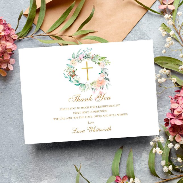 Rose Blumengarland Gold Erste Heilige Kommune Dankeskarte (Von Creator hochgeladen)