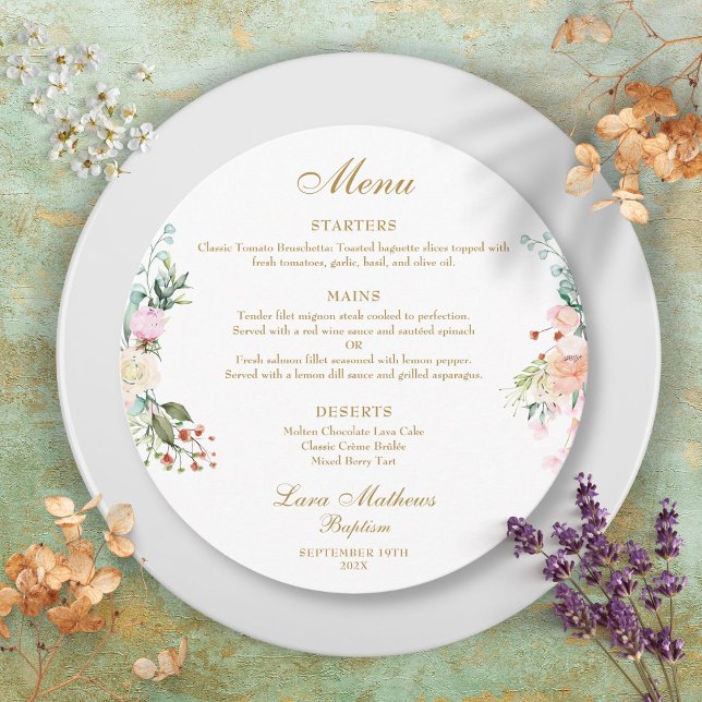 Rose Blumengarland Taufe Christening Plate Menükarte (Rose Floral Garland Baptism Christening Plate Menu)