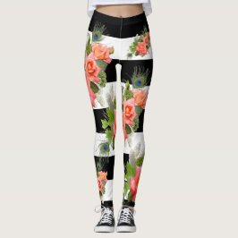 Rose Blumengestreifte Pattern Pfauenfedern Leggings