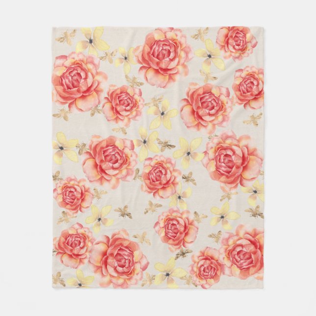 Rose Blumenrosa und Gelb auf Golden Bees Backgring Fleecedecke (Vorderseite)