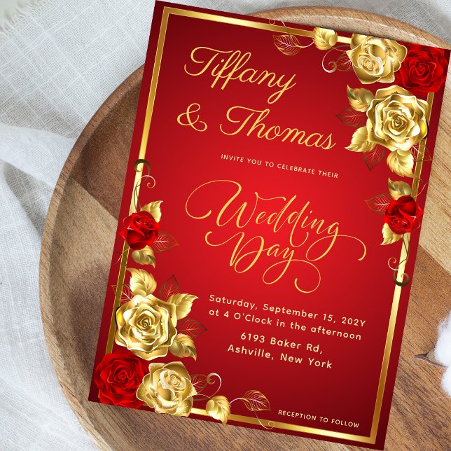 Rose Blumenrot und Gold Hochzeiten Thema Einladung (Von Creator hochgeladen)