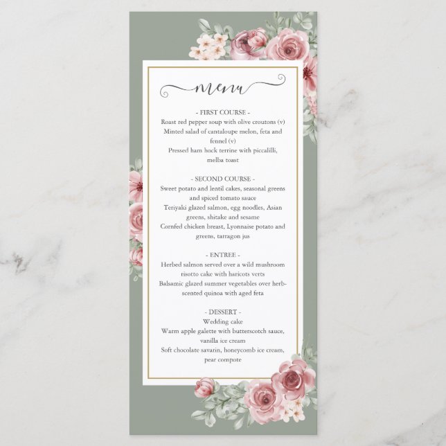 Rose Blumenweih Grünes Hochzeitsessen Menükarte (Vorderseite)