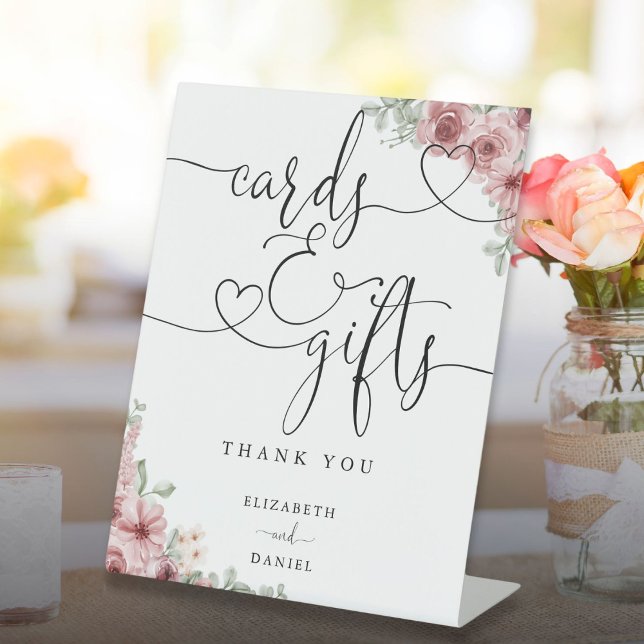 Rose Blumenzettel und Geschenke Sockelschild (Roses Floral Heart Script Cards And Gifts Pedestal Sign)