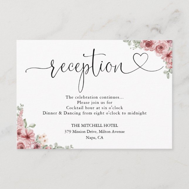 Rose Blumenzitat Hochzeitsempfang Begleitkarte (Vorderseite)