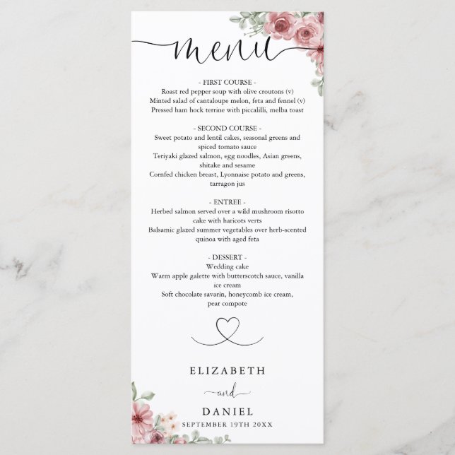 Rose Blumenzitat Hochzeitsessen Menükarte (Vorderseite)