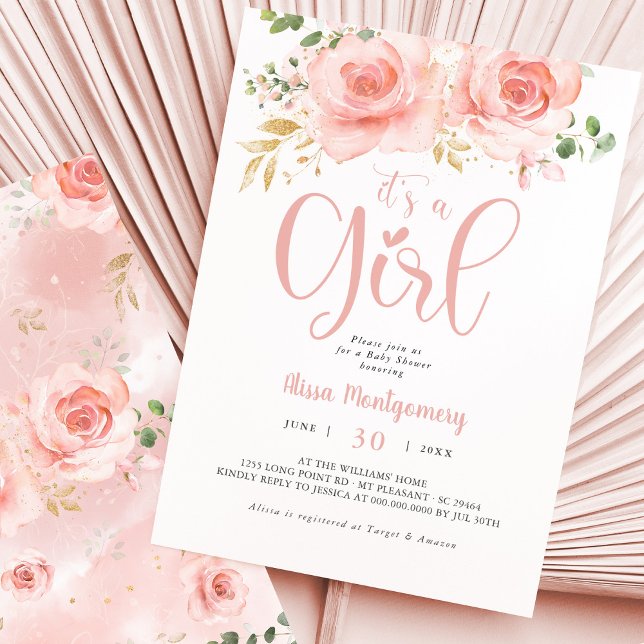 Rose Blush Floral Baby shower Invitation fille (Créateur téléchargé)