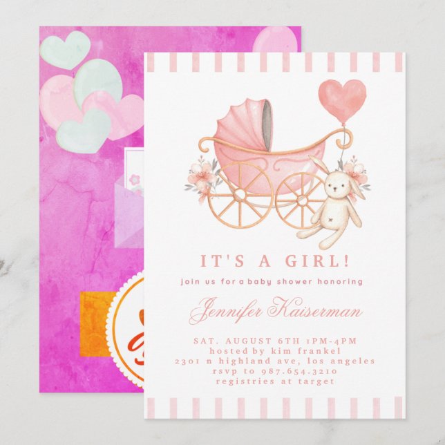 Rose Blush Floral Baby shower Invitation fille (Devant / Derrière)