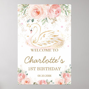 Rose Blush Floral Swan 1er anniversaire Affiche de