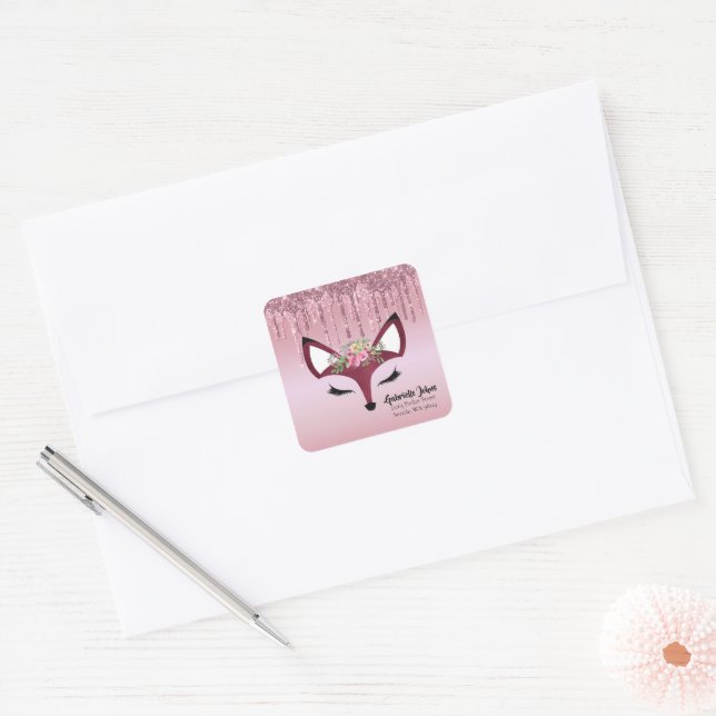 Rose Blush Glitzer Paint Girly Fox Umschlag Aufkle Quadratischer Aufkleber (Umschlag)