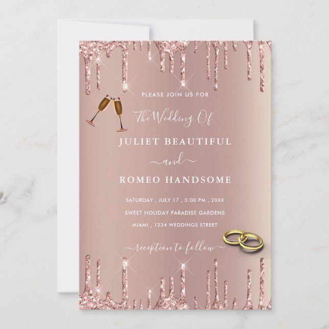 Rose Blush Glitzer Tropfen Rings Hochzeit Einladun (Vorderseite)