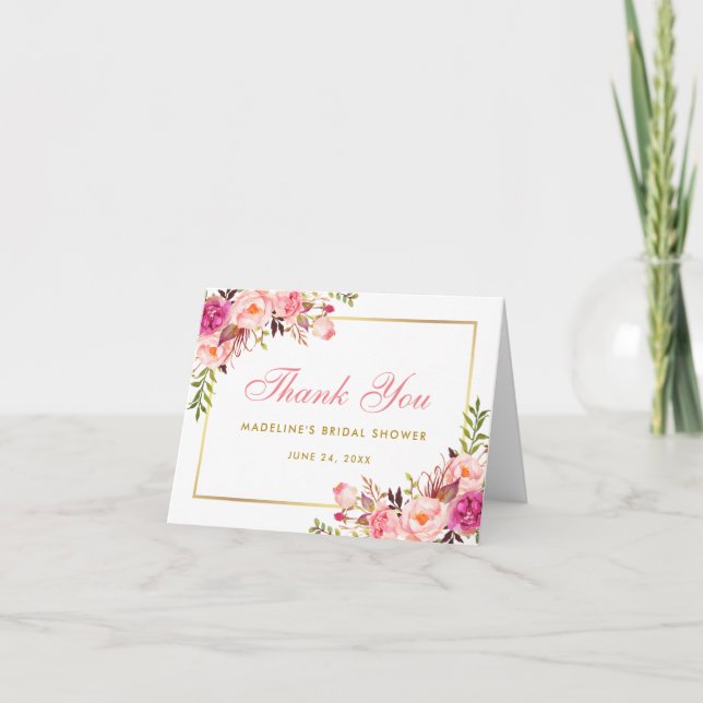 Rose Blush Gold Fête des mariées Florale Merci Not (Devant)