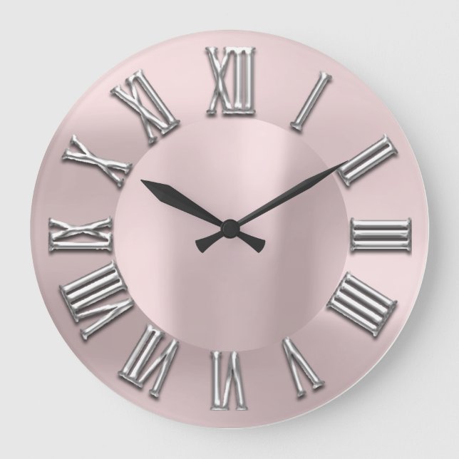 Rose Blush Graues Metal Grau Silber römische Numme Große Wanduhr (Vorderseite)