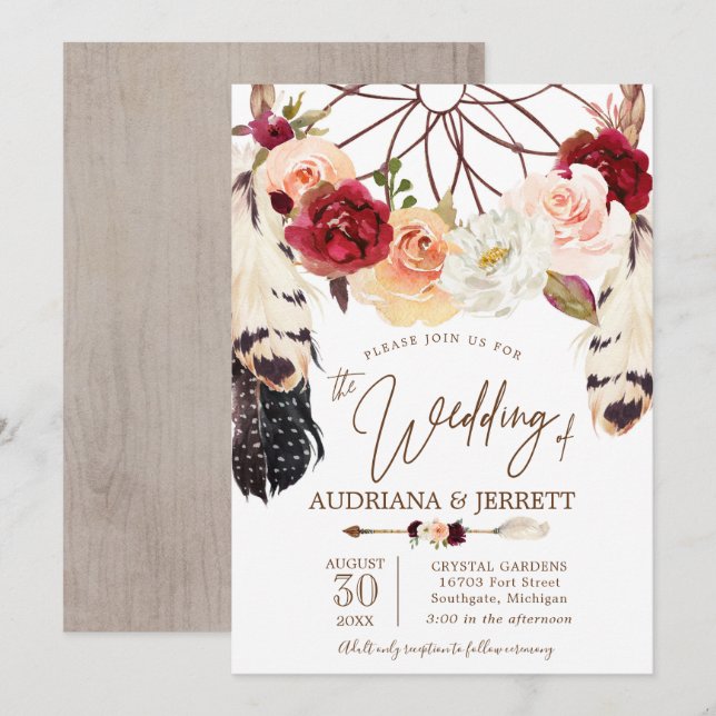 Rose Blush & Peach Dreamcatcher Boho Wedding Einladung (Vorne/Hinten)