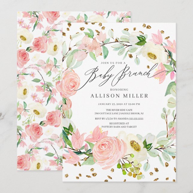 Rose Blush Peonys Bloral Baby Brunch Einladung (Vorne/Hinten)
