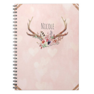 Rose Blush Pink Blumentauber Antlers Boho Chic Notizblock
