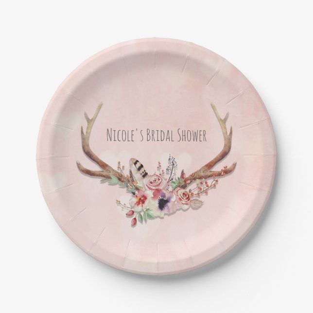 Rose Blush Pink Blumentauber Antlers Boho Chic Pappteller (Vorderseite)