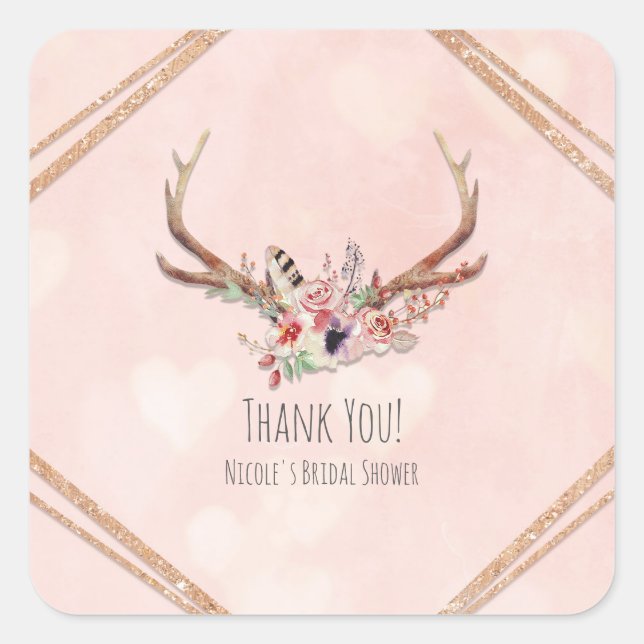 Rose Blush Pink Blumentauber Antlers Boho Chic Quadratischer Aufkleber (Vorderseite)