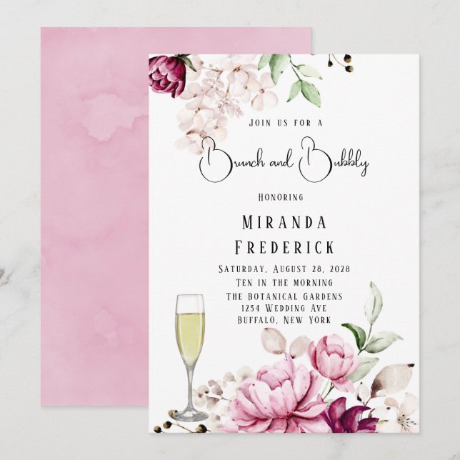 Rose & Blush Pink Paint Peony Brunch & Bubbly Einladung (Vorne/Hinten)