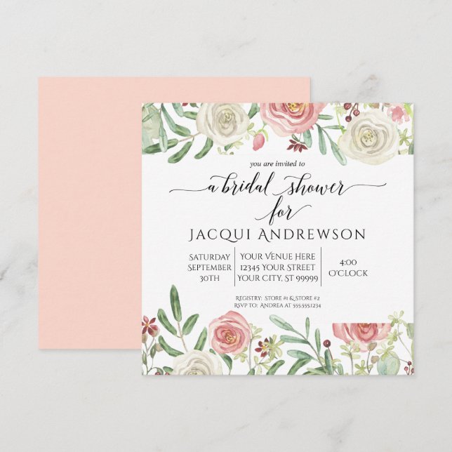 Rose Blush und Elfenbein Blumenkohl Brautparty| Pl Einladung (Vorne/Hinten)