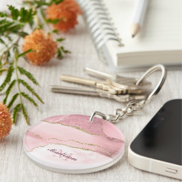 Rose Blush und Gold Glitzer Agate Monogramm Schlüsselanhänger