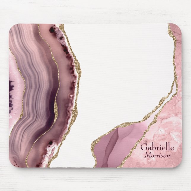 Rose Blush und Gold Glitzer Agate Mousepad (Vorne)