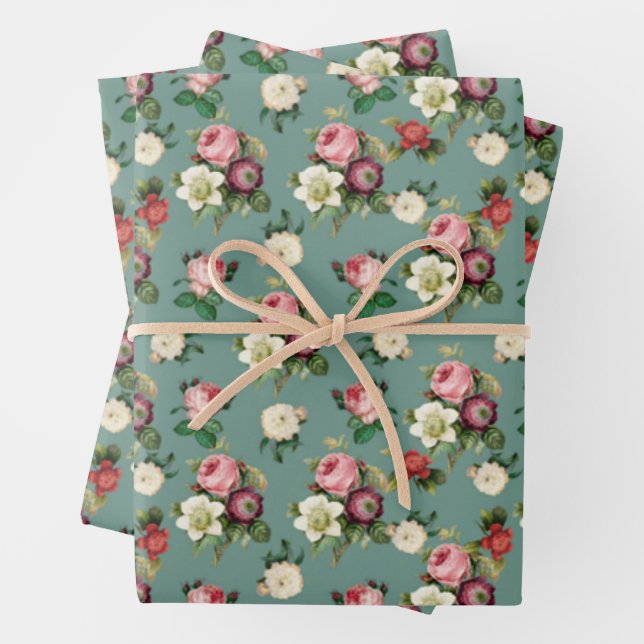 Rose Bouquet Aquamarin Geschenkpapier Set (Beispiel)