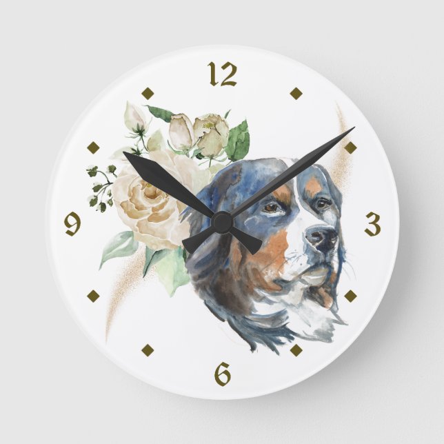 Rose Bouquet Berner Berghund Runde Wanduhr (Vorderseite)