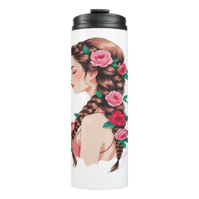 Rose Braided Hair Floral T-Shirt für Frauen Thermosbecher (Vorderseite)