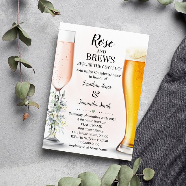 Rose & Brews Paare Hochzeit Eukalyptus Grüne Einladung (Rose and Brews Before They say I do, Couples Shower Invitation)