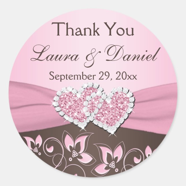 Rose, Brown Floral, Coeurs Mariage Favor Sticker (Devant)