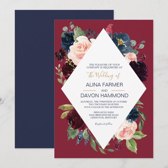 Rose Burgund Botanischer Rahmen II Hochzeit Einladung (Vorne/Hinten)