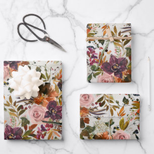 Rose Burgund & Kupfer Blütenblütenblüte Geschenkpapier Set