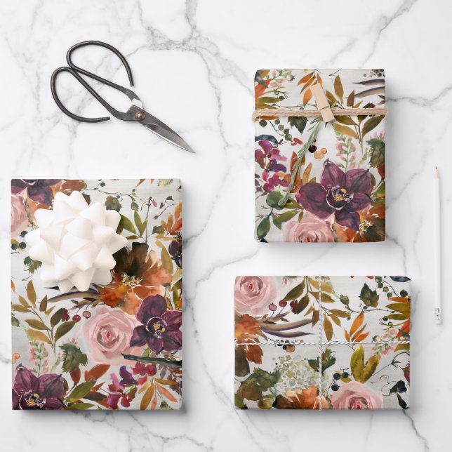 Rose Burgund & Kupfer Blütenblütenblüte Geschenkpapier Set (Vorderseite)