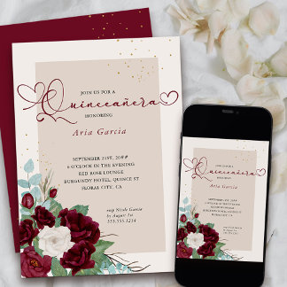 Rose Burgund Rot und Elfenbeinküste Elegantes Quin Einladung