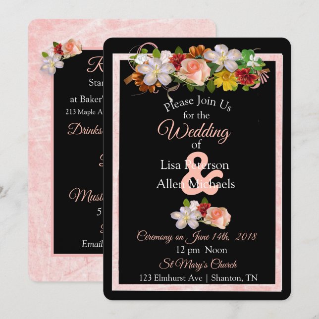 Rose Burgundy Black Floral Wedding Einladung (Vorne/Hinten)