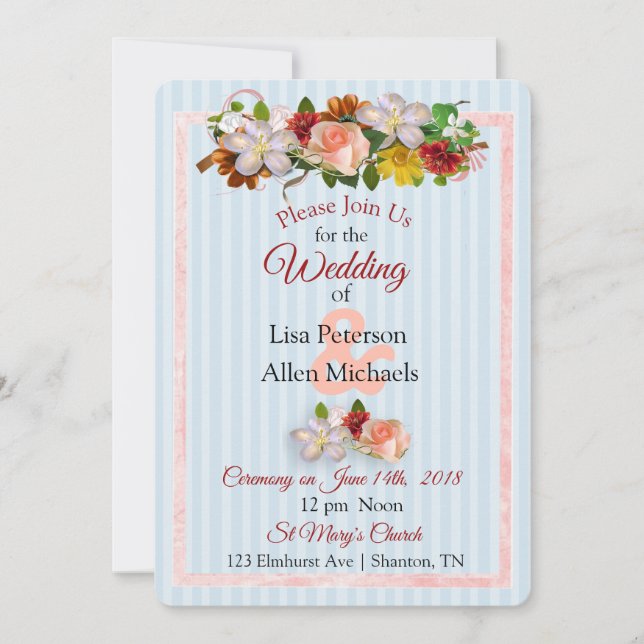 Rose Burgundy Blue Floral Faire-part de mariage (Devant)