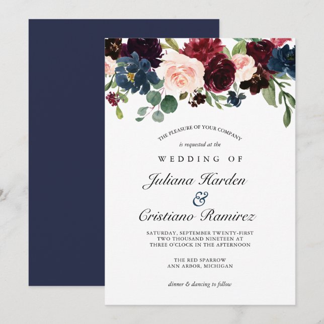 Rose Burgundy Floral Wedding Einladung (Vorne/Hinten)