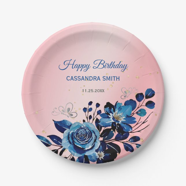 Rose Butterfly Gold Glitzer Rosa Geburtstag Pappteller (Vorderseite)
